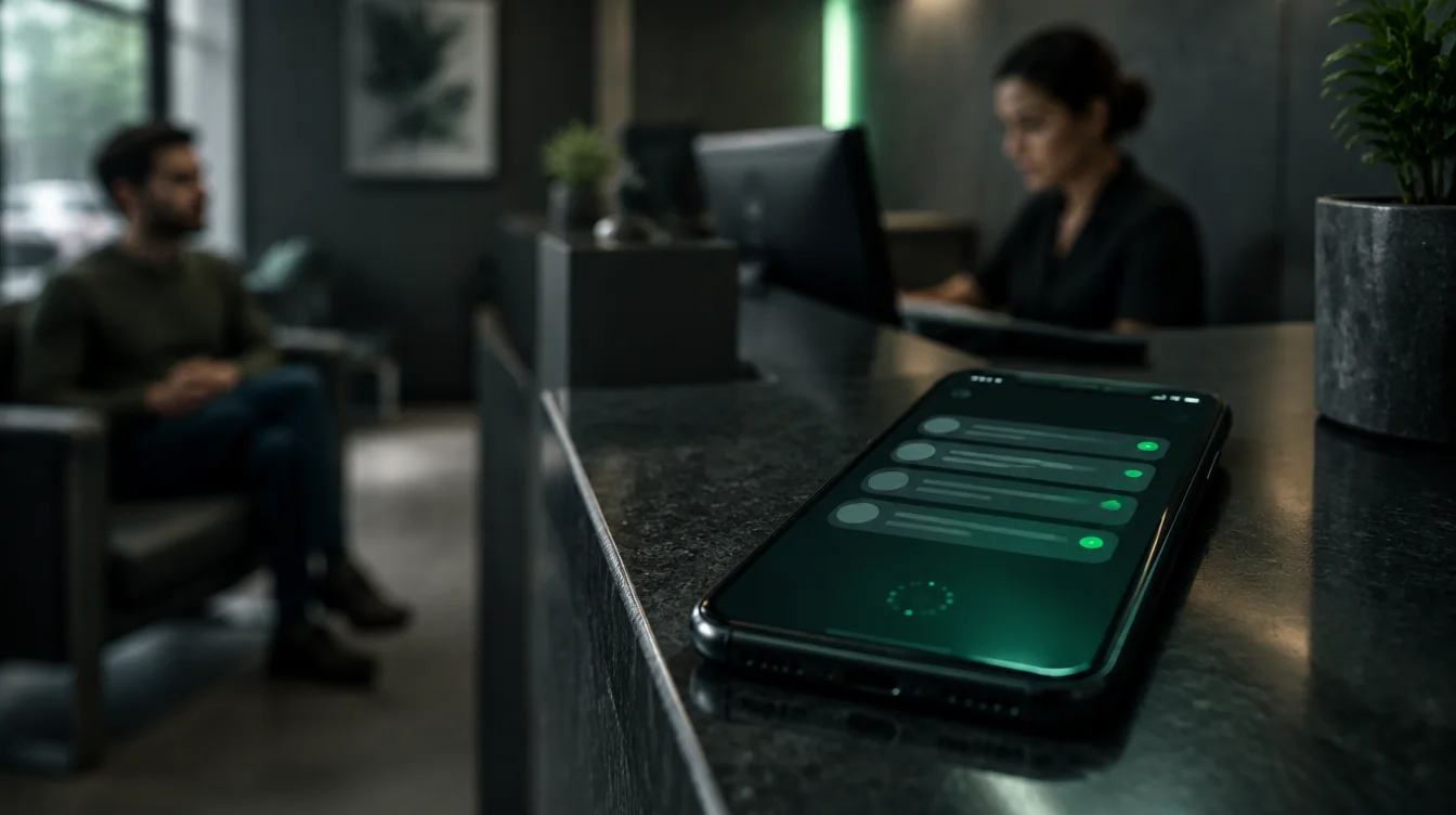 Smartphone com mensagens aguardando resposta no balcão de atendimento de uma clínica
