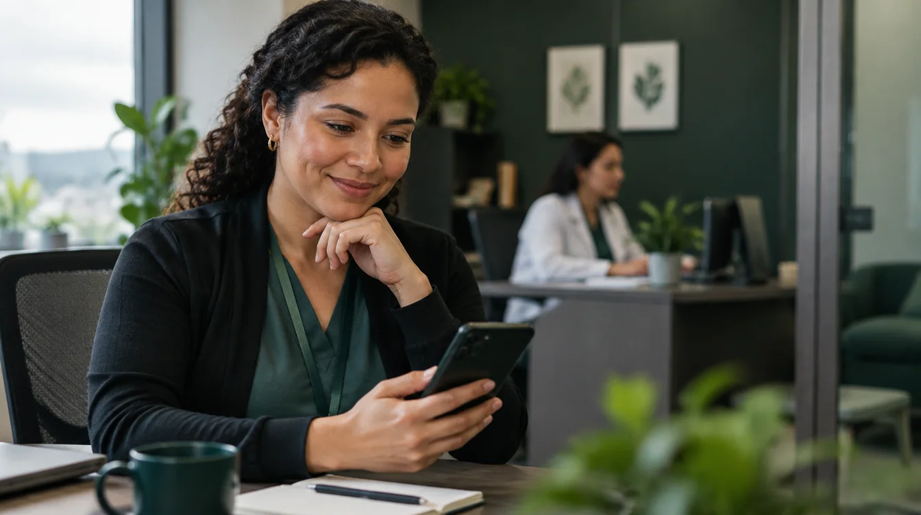 Coordenadora de uma clínica acompanhando uma conversa de follow-up pelo smartphone