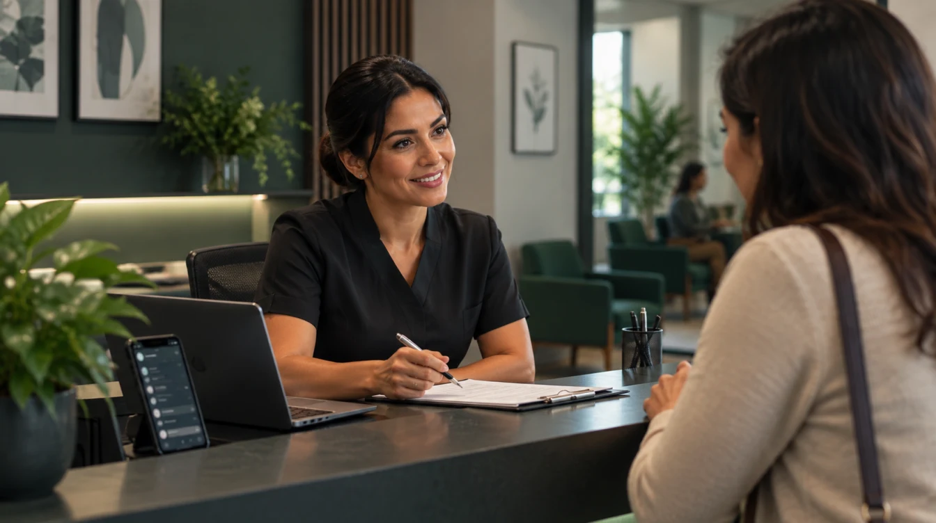 Secretária acolhendo uma cliente enquanto notebook e smartphone apoiam a organização do atendimento