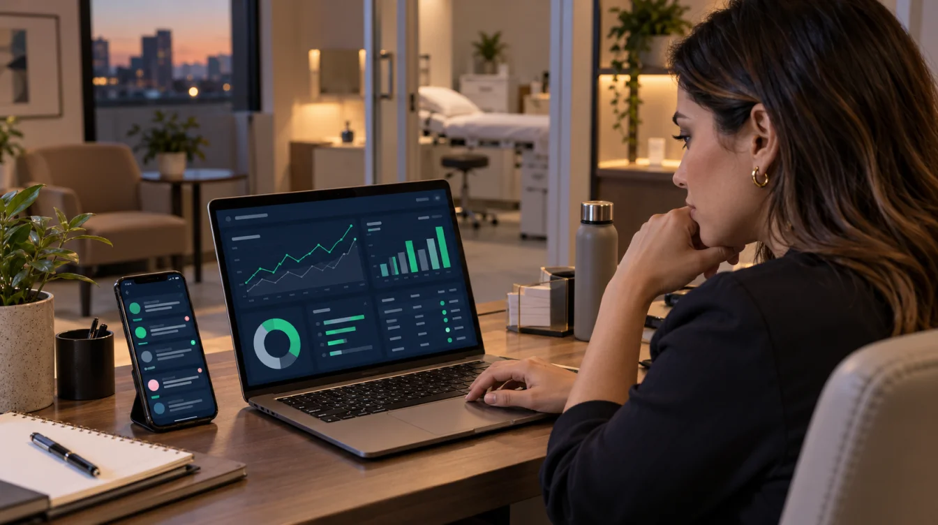 Gestora acompanha métricas de campanhas e a fila de contatos em um laptop e um smartphone no fim do expediente