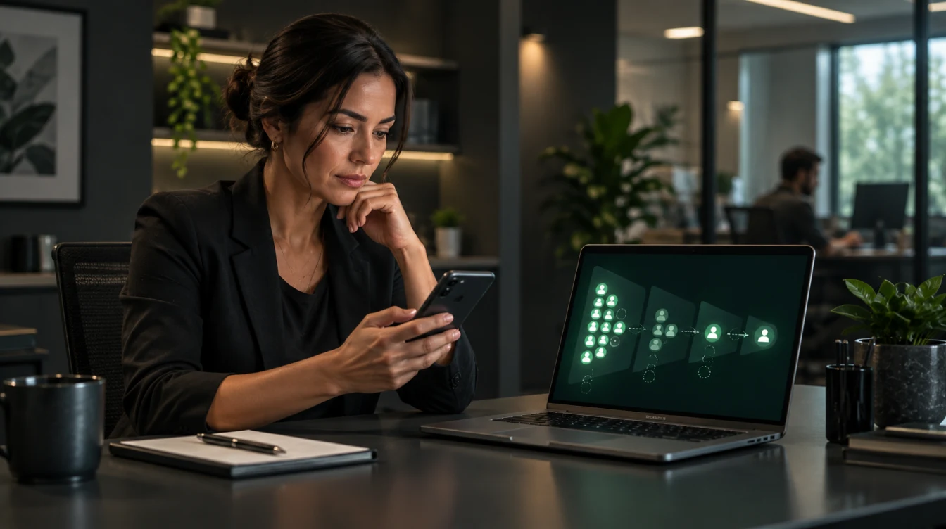 Gestora analisando no smartphone as lacunas de um funil de leads exibido no notebook