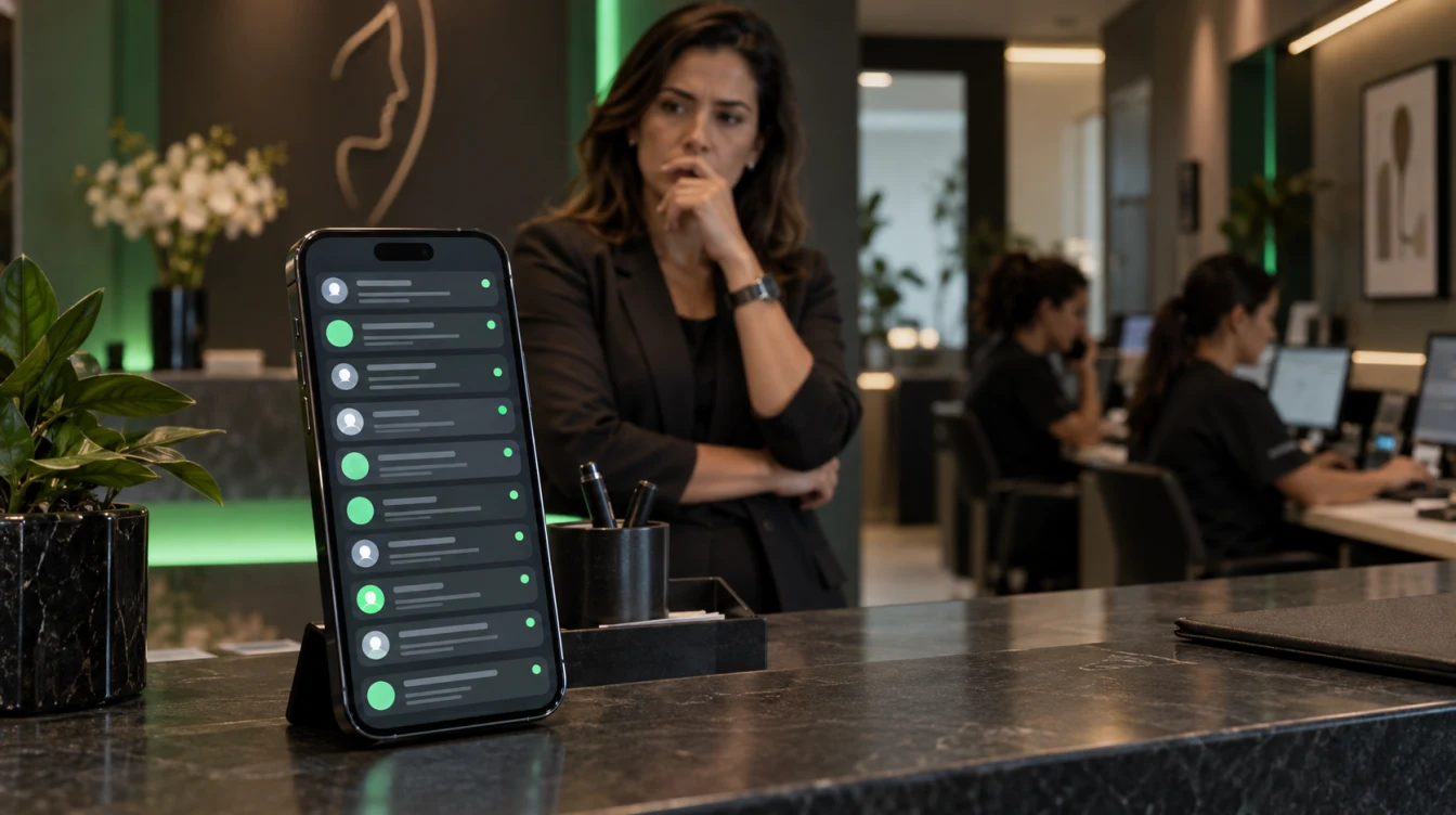 Gestora analisando uma fila desorganizada de novos contatos em um smartphone