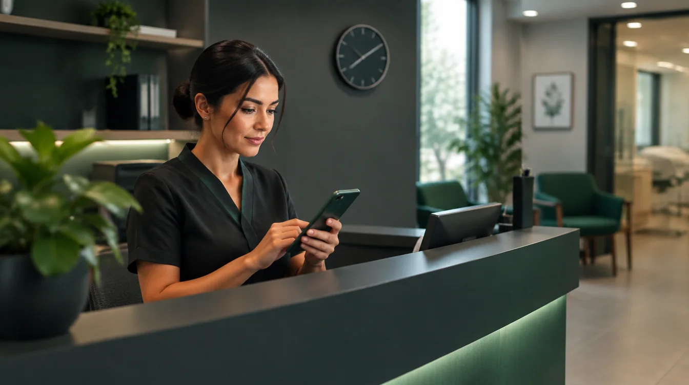 Profissional de atendimento de uma clínica respondendo uma mensagem pelo smartphone