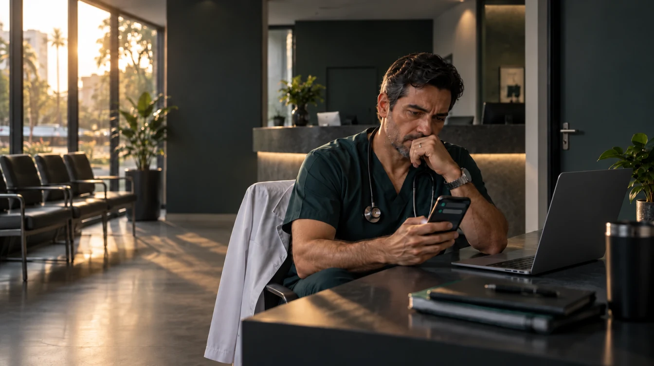 Médico sozinho em uma clínica fora do horário consultando mensagens no smartphone ao lado da agenda